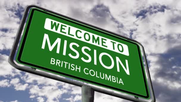 Welkom Bij Mission British Columbia Canadese City Road Sign Realistische — Stockvideo
