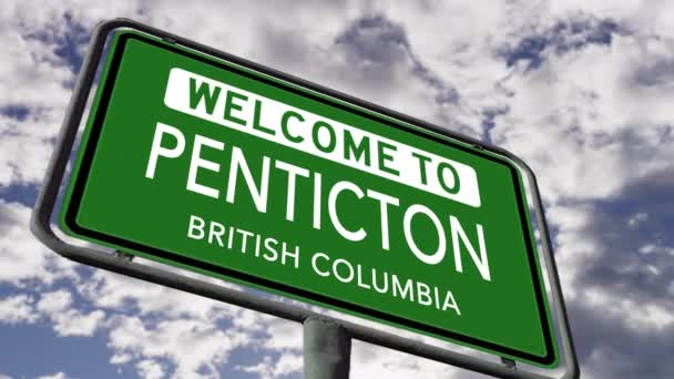 Välkommen Till Penticton British Columbia Canadian City Road Sign Realistisk — Stockvideo