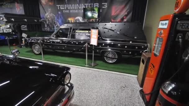 Cadillac Hearse Car 1981 Used Terminator Movie Cars Museum Exhibit — Stock Video