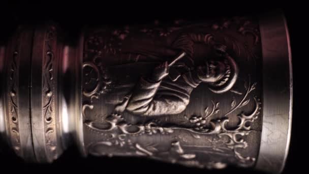 Vertical Authentic Vintage Pewter Drink Glass Shot Macro Close — Stock video