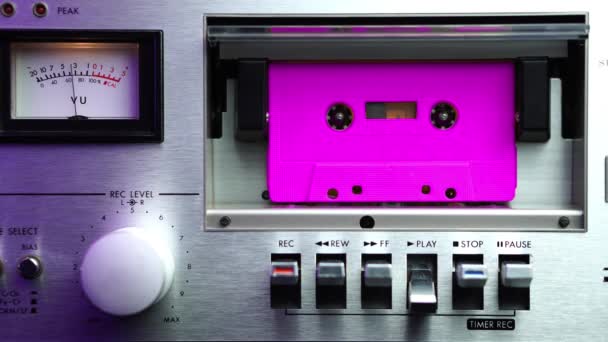 Pink Audio Cassette Tape Playing Vintage Deck Player Meters Close — Stock Video
