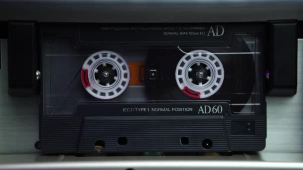 Audio Cassette Tape Rolling Deck Player Till End Stops Close — Stock Video