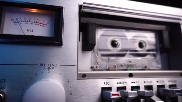 Vintage Cassette Deck Player Rolling Transparent Audio Tape Close — Stock Video