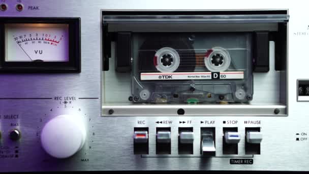 Placing Starting Audio Cassette Tape Vintage Deck Player Meter Peak — Stock Video