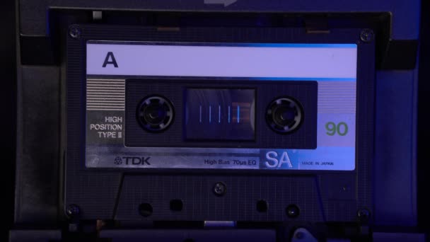 Inserting Playing Audio Cassette Tape Deck Player Close — Stock Video