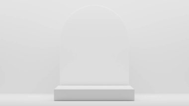 Boş podyum boş ürün rafı ayakta duruyor. 3B görüntüleme.