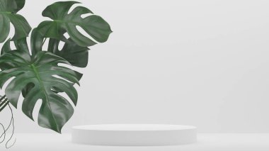 Monstera bitkileri süslemesi ve boş podyum boş ürün rafı ayakta duruyor. 3B görüntüleme.