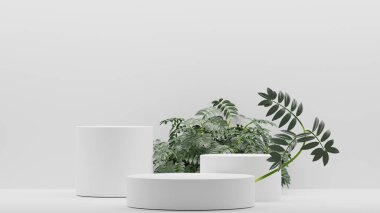 Boş podyum boş ürün rafı ayakta duruyor. 3B görüntüleme.