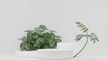 Boş podyum boş ürün rafı ayakta duruyor. 3B görüntüleme.