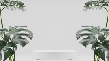 Monstera bitkileri süslemesi ve boş podyum boş ürün rafı ayakta duruyor. 3B görüntüleme.