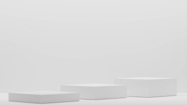 Boş podyum boş ürün rafı ayakta duruyor. 3B görüntüleme.