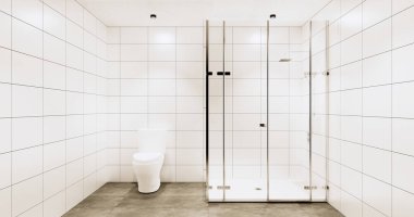 Granit fayanslar beyaz ve siyah duvar tasarımlı tuvalet, modern oda tarzı. 3B illüstrasyon oluşturma