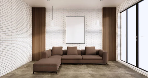 Σαλόνι Σοφίτα Εσωτερικό Καναπέ Και Τούβλο Μοτίβο Τοίχου Λευκό Τοίχο — Φωτογραφία Αρχείου