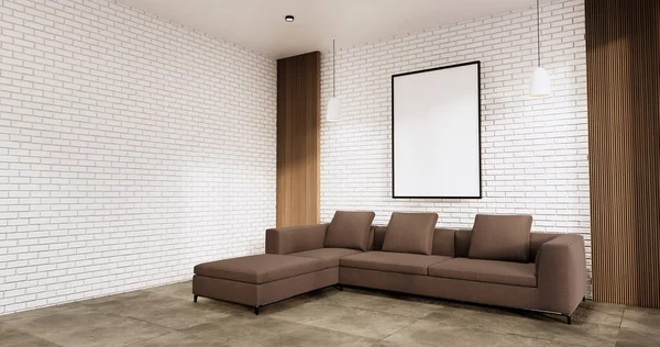 Σαλόνι Σοφίτα Εσωτερικό Καναπέ Και Τούβλο Μοτίβο Τοίχου Λευκό Τοίχο — Φωτογραφία Αρχείου