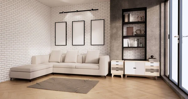 白い壁にソファと壁模様のレンガとリビングルームのロフトインテリア レンダリング — ストック写真