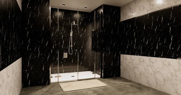 Granieten Tegels Wit Zwart Muurontwerp Toilet Kamer Moderne Stijl Illustratie — Stockfoto
