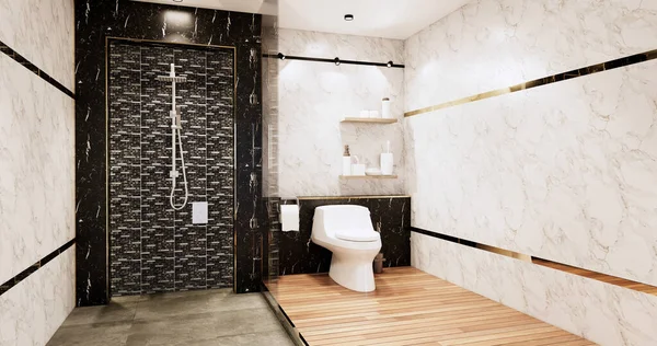 花岗岩瓷砖白墙和黑墙设计的厕所 居室风格现代 3D插图渲染 — 图库照片