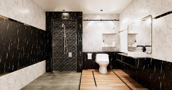 花崗岩タイル白と黒の壁のデザイントイレ 部屋のモダンなスタイル 3Dイラストレンダリング — ストック写真