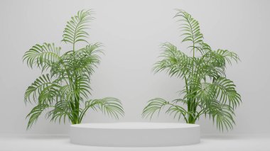 Boş podyum boş ürün rafı ayakta duruyor. 3B görüntüleme.