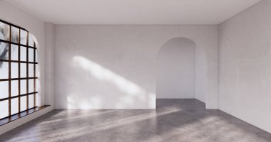 Muji tarzı, boş ahşap oda, Japon odasının içini temizleme, 3 boyutlu tasarım.