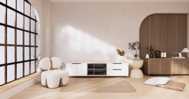 Muji 'deki ahşap dolap boş oda, Japandi' nin en az tasarımı. 3B görüntüleme