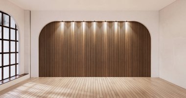 Muji tarzı, boş ahşap oda, Japon odasının içini temizleme, 3 boyutlu tasarım.