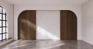 Muji tarzı, boş ahşap oda, Japon odasının içini temizleme, 3 boyutlu tasarım.