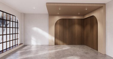 Muji tarzı, boş ahşap oda, Japon odasının içini temizleme, 3 boyutlu tasarım.
