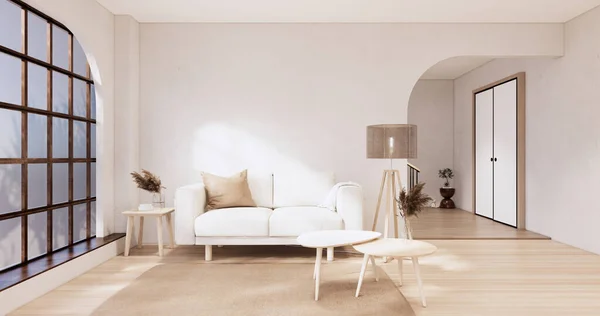 日本室内的Muji沙发和装饰Wabisabi 3D渲染 — 图库照片