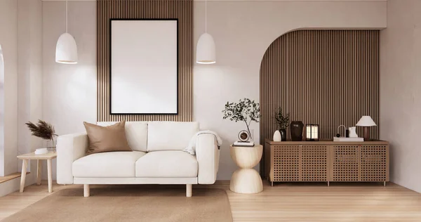 Sofa Muji Dan Dekorasi Wabisabi Pada Interior Ruang Japandi Rendering — Stok Foto