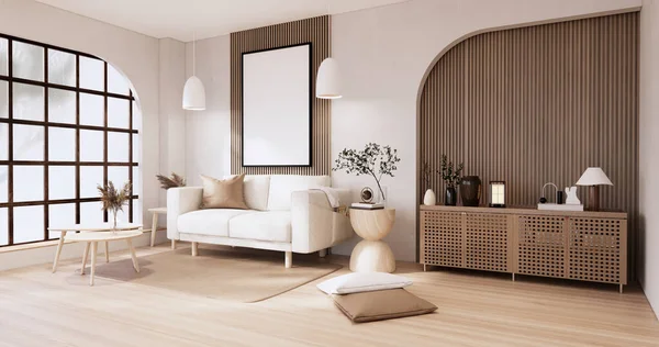日本室内的Muji沙发和装饰Wabisabi 3D渲染 — 图库照片