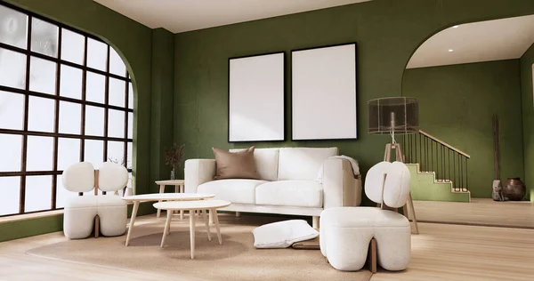 Minimalistyczny Zielony Salon Stylu Muji Wnętrze Wnętrz Mają Sofa Wabisabi — Zdjęcie stockowe