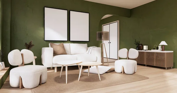 简约绿色客厅风格的室内设计有沙发花生酱和日式装饰 3D渲染 — 图库照片