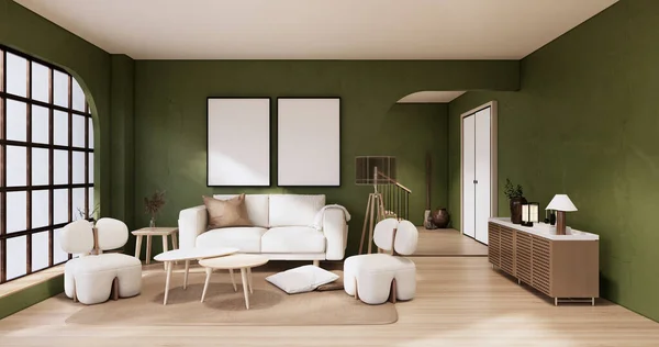 Minimalist Yeşil Oturma Odası Muji Tarzı Tasarım Kanepe Wabisabi Dekorasyon — Stok fotoğraf