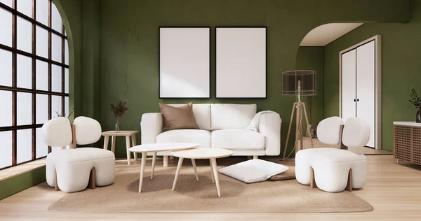简约绿色客厅风格的室内设计有沙发花生酱和日式装饰 3D渲染 — 图库照片