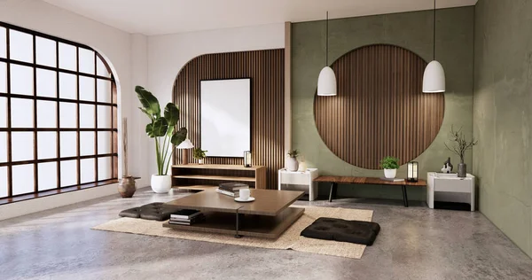 日本室内 低矮的桌子和扶手椅Wabisabi风格 3D渲染 — 图库照片