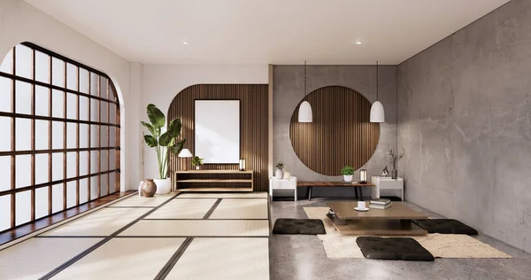 Interior Ruangan Japandi Dan Tabel Rendah Dan Kursi Wabisabi Style — Stok Foto