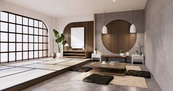 Interior Ruangan Japandi Dan Tabel Rendah Dan Kursi Wabisabi Style — Stok Foto