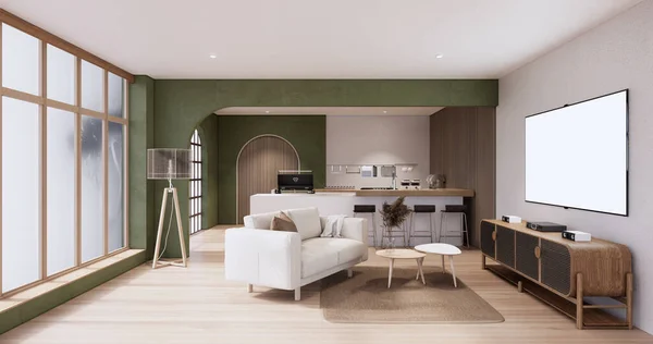 Minimalistický Zelený Obývací Pokoj Styl Muji Interiér Design Mají Pohovku — Stock fotografie