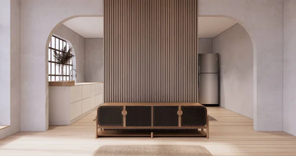 Kabinet Dřevěné Japandi Design Obývacím Pokoji Wabi Sabi Styl Prázdné — Stock fotografie