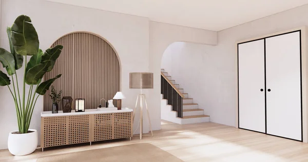 Cabinet Wooden Japandi Design Living Room Wabi Sabi Style Empty — Stock Photo, Image