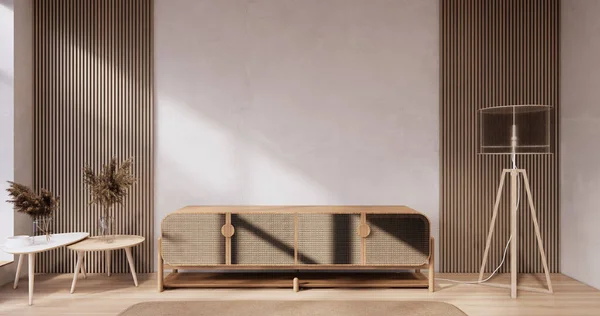 Kabinett Hölzerne Japandi Design Auf Wohnzimmer Wabi Sabi Stil Leer — Stockfoto