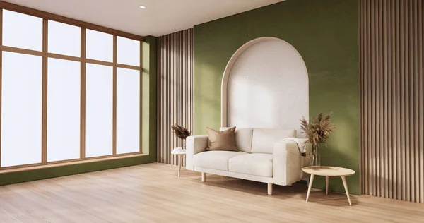Diseño Interior Minimalista Estilo Muji Green Living Room Tiene Sofá —  Fotos de Stock