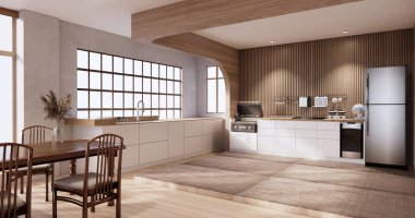 Japon usulü mutfak odası, beyaz duvar modelleri..