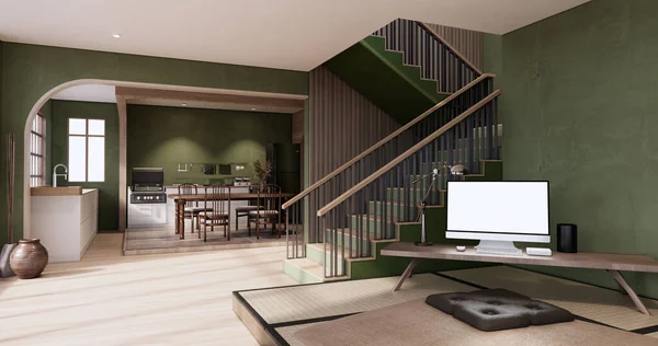 Interior Mock Minimal Green Living Room Japanese Style — Stock Photo, Image