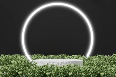 Beyaz podyum Boş ürün raf ayakta duran arkaplan siyah arkaplan.