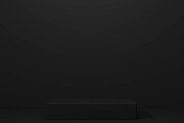 Siyah boş podyum boş ürün rafı ayakta duruyor. 3B görüntüleme.