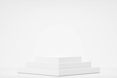 Boş podyum boş ürün rafı ayakta duruyor. 3B görüntüleme.