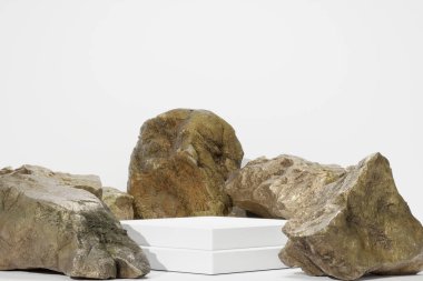 Boş podyum boş ürün rafı ayakta duruyor. 3B görüntüleme.