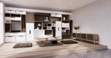 Oturma odası japandi stili tasarımda Fikir Kutusu Duvar Rafları.